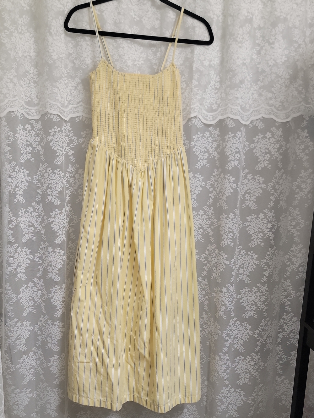 Abercrombie & Fitch Pale Yellow Striped Smocked Midi Dress
